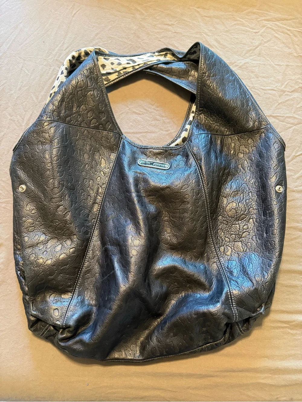 Vintage Betsey Johnson Black Hobo Bag with Leopard-Print Lining